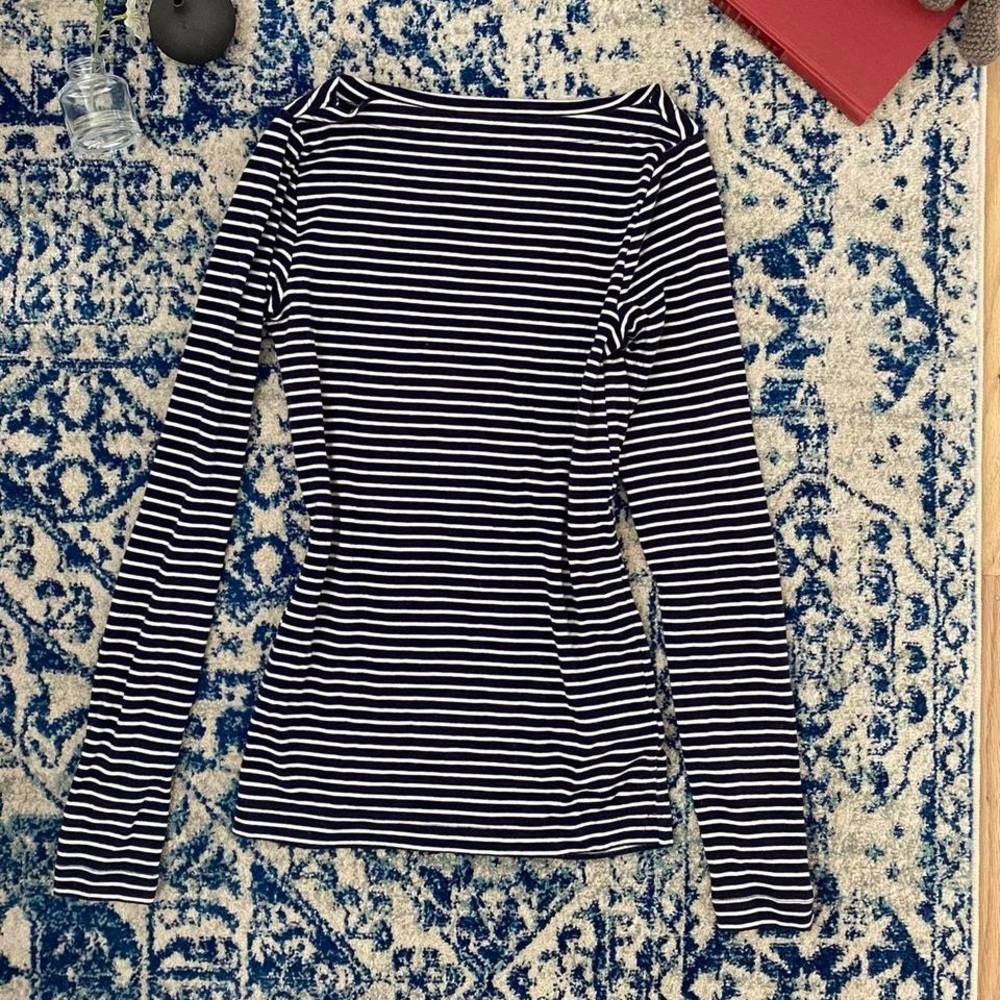 GAP Navy and White Fitted Long Sleeve Boat Neck Top